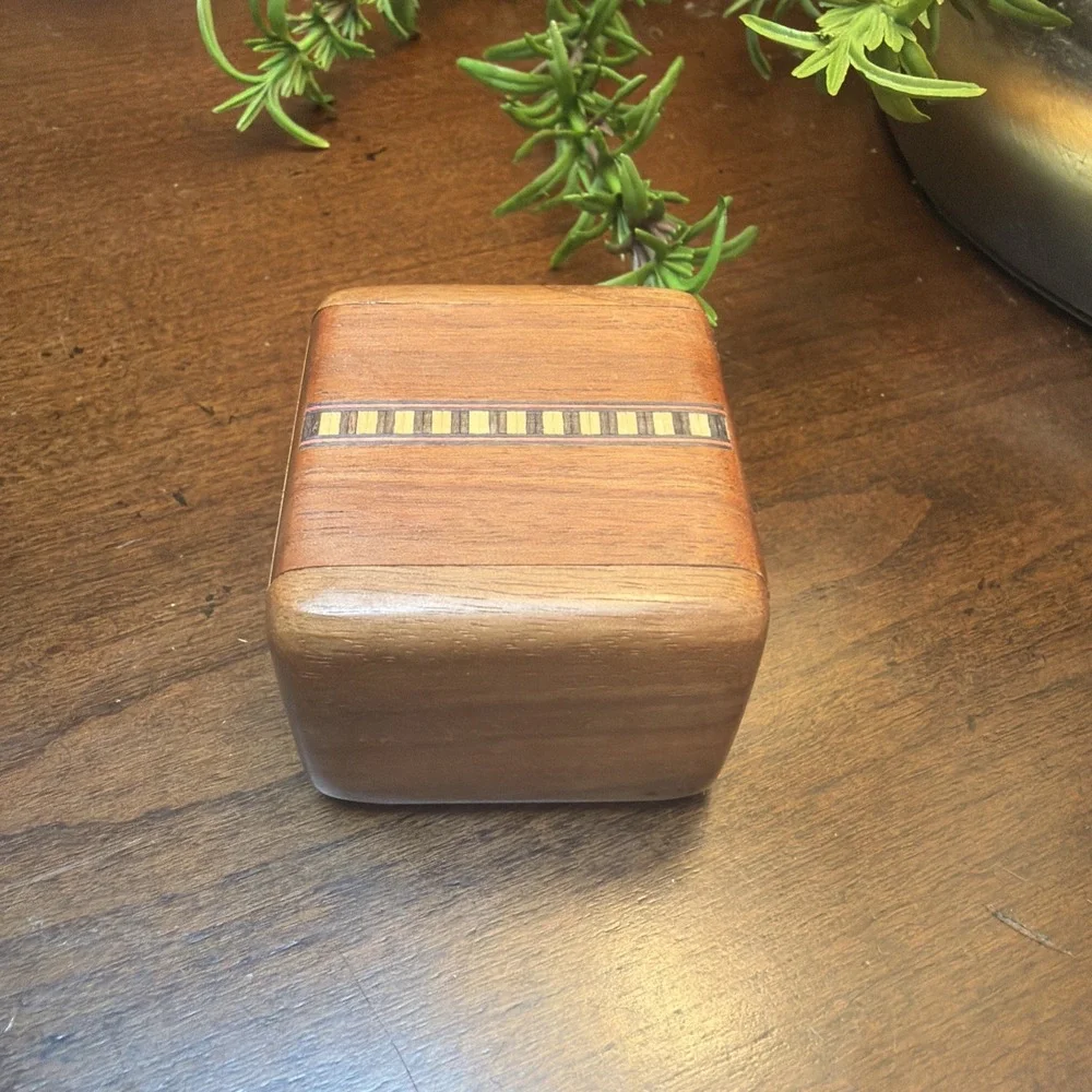 Vintage Wooden Trinket Box Sliding Lid Inlay Design Small Jewelry Stash Holder